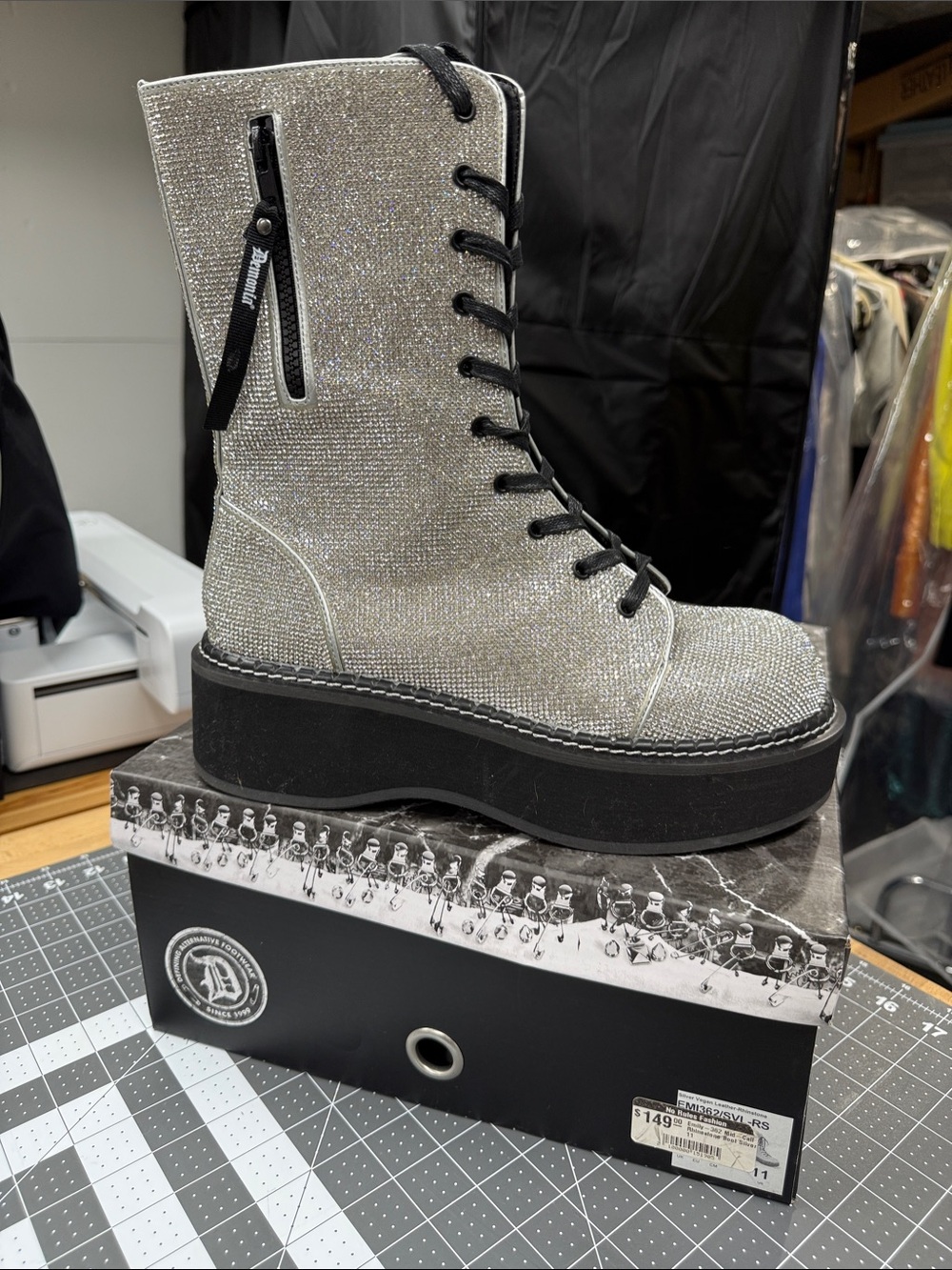 Sparkle Platform Lace-Up Combat Boots - Silver